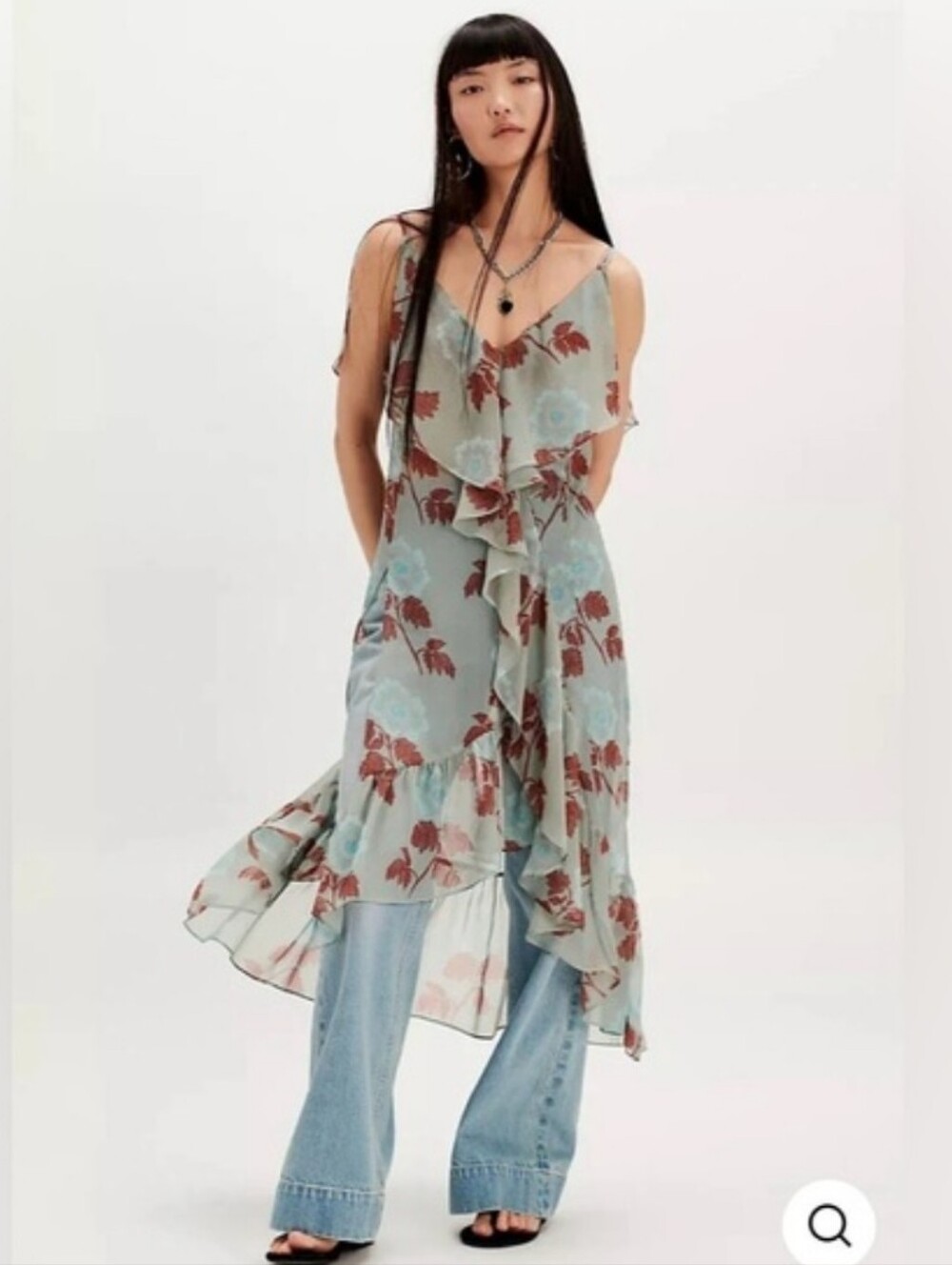 FREE PEOPLE Sunfaded Floral Chiffon Topper Dress Blue Brown NWOT
